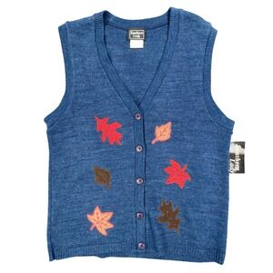 Southern Lady Vintage Sweater Vest Womens M Blue Leaf Embroidered Deadstock NWT